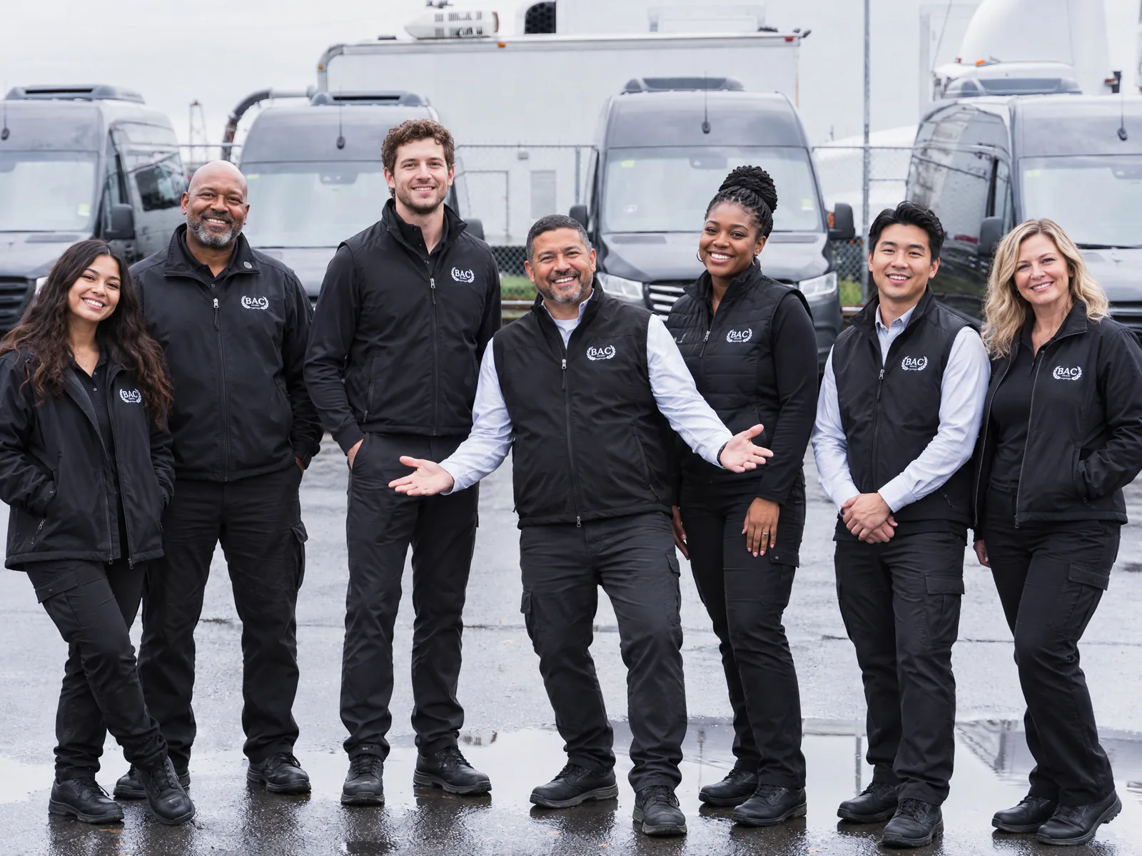 A smiling BAC team in uniform vests and jackets, lined up in front of the black Sprinter fleet