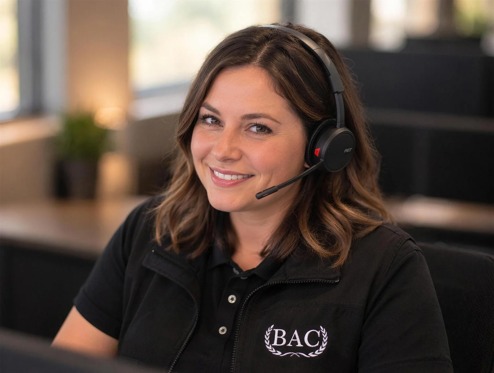 A smiling BAC Transportation dispatcher with a headset at her desk in the BAC office