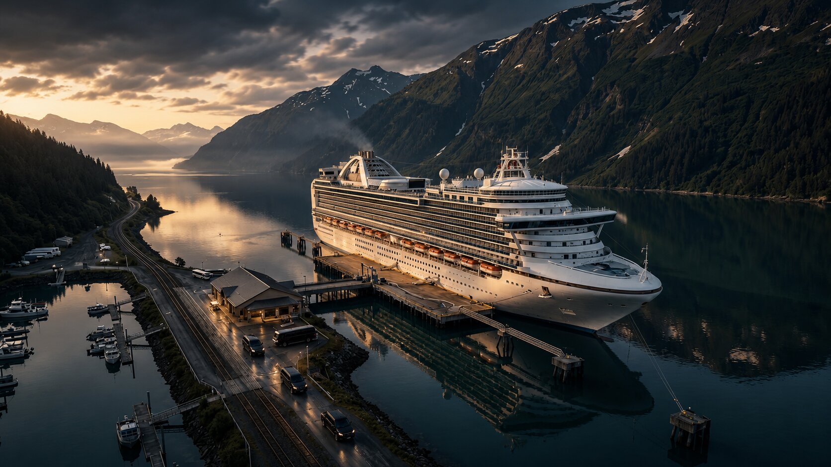 Aerial view of a cruise ship docked at the Whittier terminal beneath the Chugach mountains