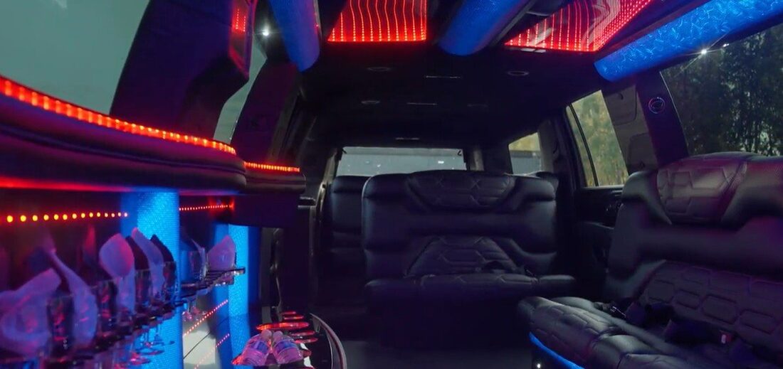Suburban Limo interior, plush leather seating