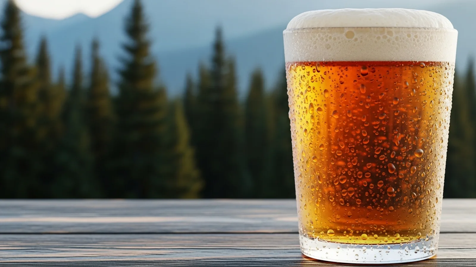 A golden Alaskan craft beer against an evening treeline