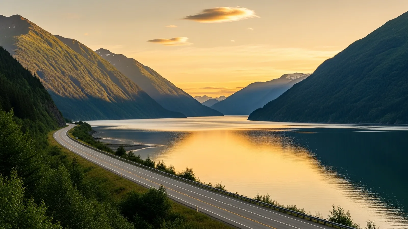 The Seward Highway winding along Turnagain Arm toward the Kenai Mountains