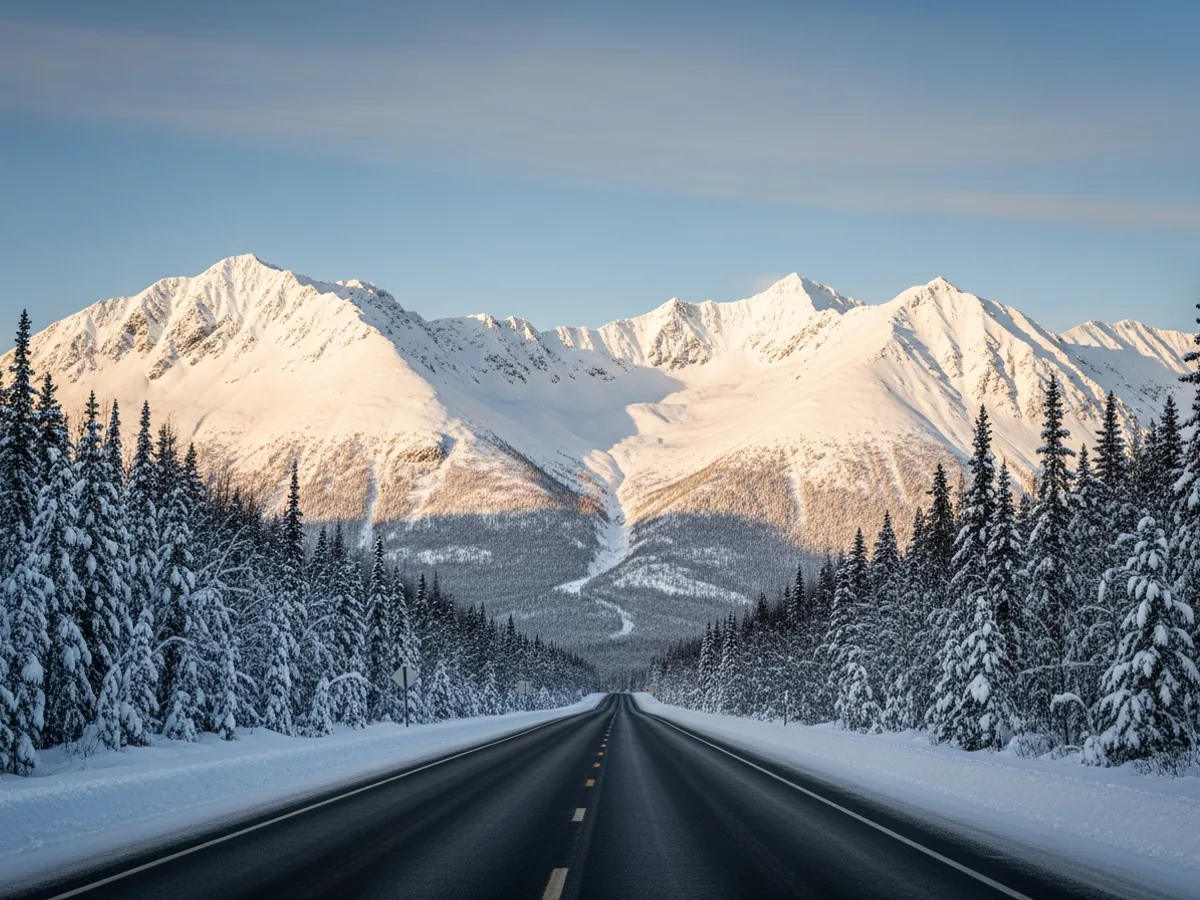 A plowed Alaska highway running toward snow-covered Chugach peaks in deep winter