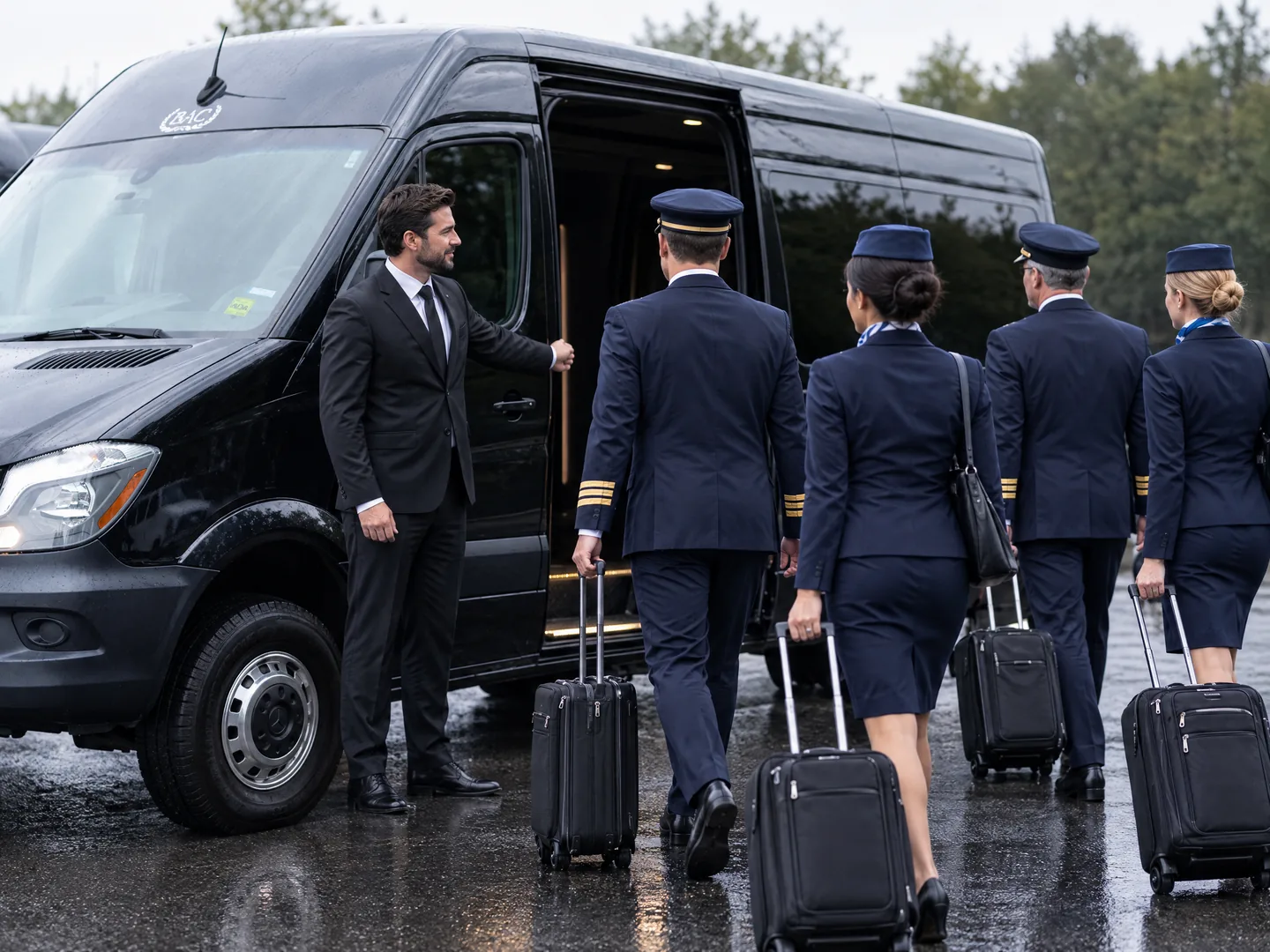 A BAC chauffeur holds the Sprinter door as an airline flight crew boards with their roller bags