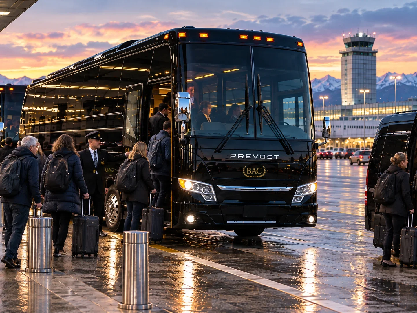 Travelers and flight crew with roller bags boarding a black BAC motorcoach at the Anchorage airport curb at sunset, with a BAC Sprinter van, the control tower and the mountains behind.