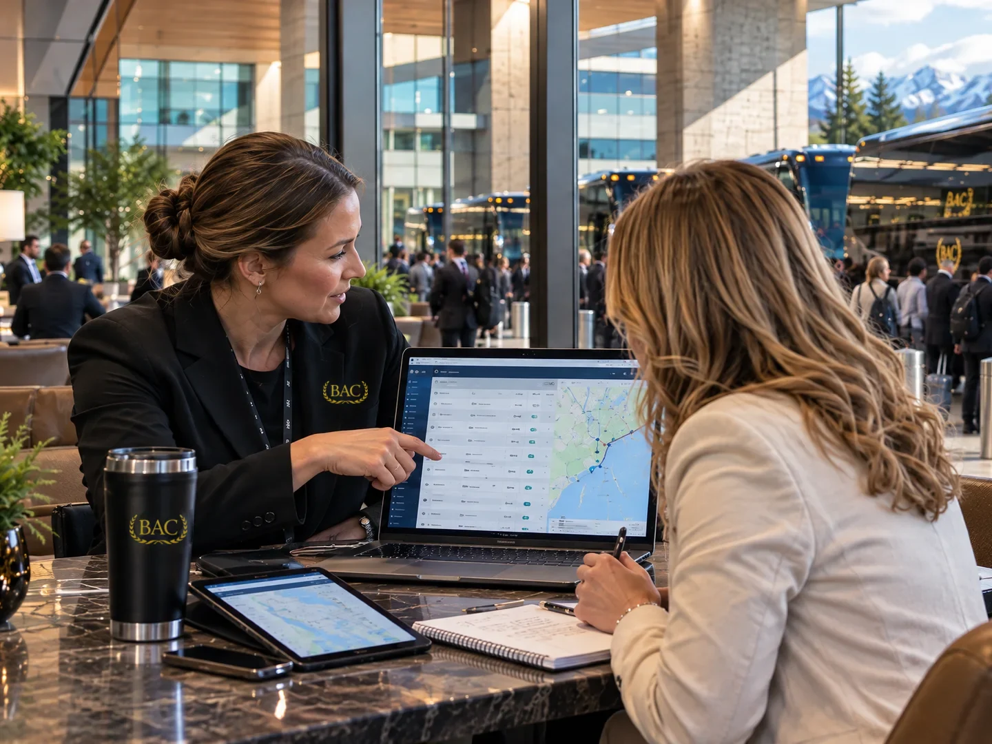 A BAC coordinator reviewing a route map on a laptop with an event planner in a hotel lobby, while black BAC coaches and Sprinter vans load guests outside the windows.