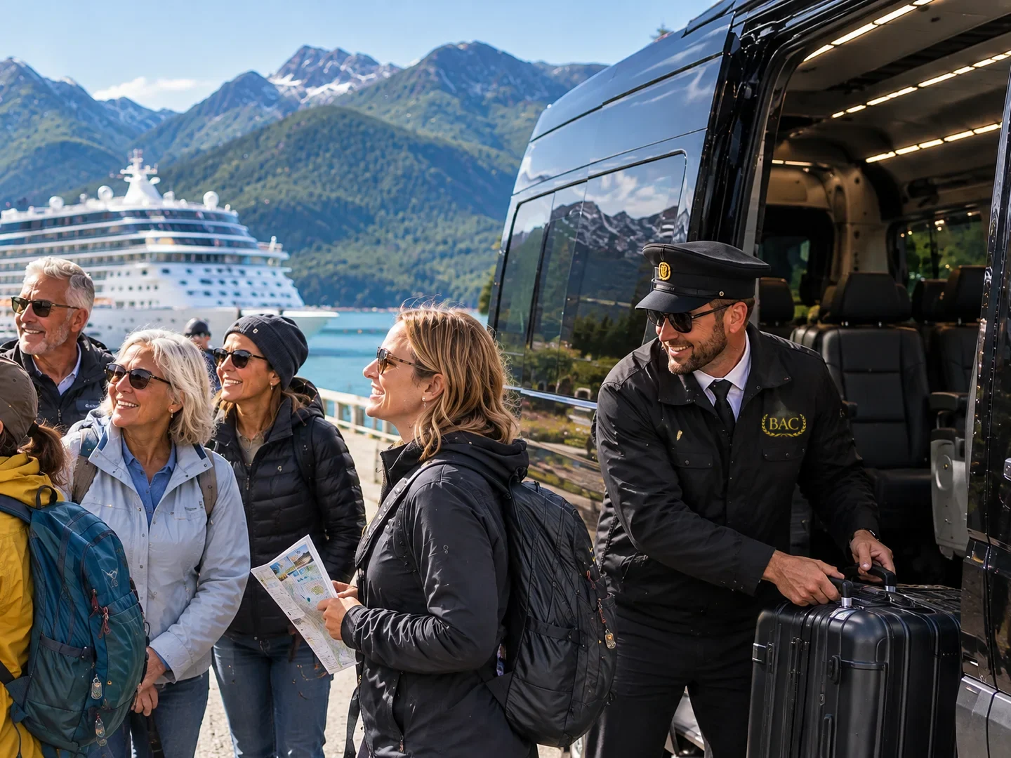 A BAC chauffeur loading a tour group's suitcases into a black Sprinter van at the cruise port, with the ship and the fjord mountains behind.